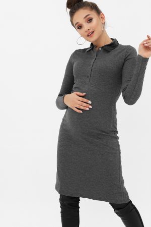Платье темно-серый меланж с ажурным кожанным воротником