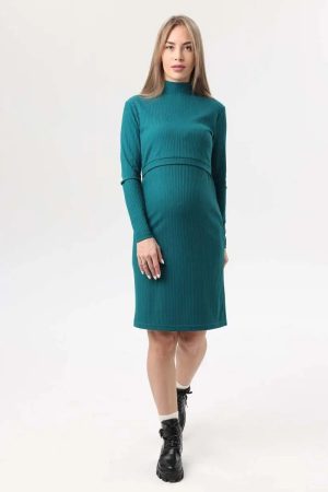 Платье для беременных и кормящих мод. 00504 трик. рубчик; цвет: изумруд
