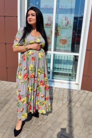 Платье для беременных и кормящих C230683 цветы хлопок хаки