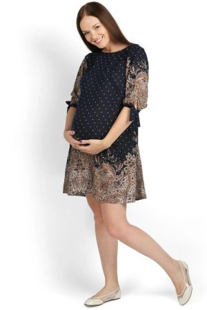 Платье ПШ04 сине-бежевое для беременных и кормящих