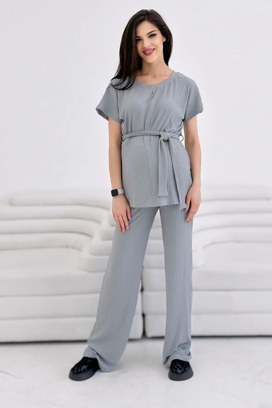 Костюм для беременных и кормящих ст921 лёгкий трикотаж в рубчик серый — изображение 2