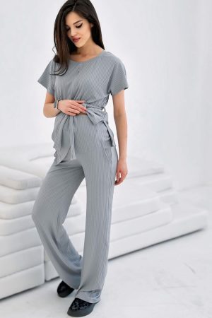 Костюм для беременных и кормящих ст921 лёгкий трикотаж в рубчик серый