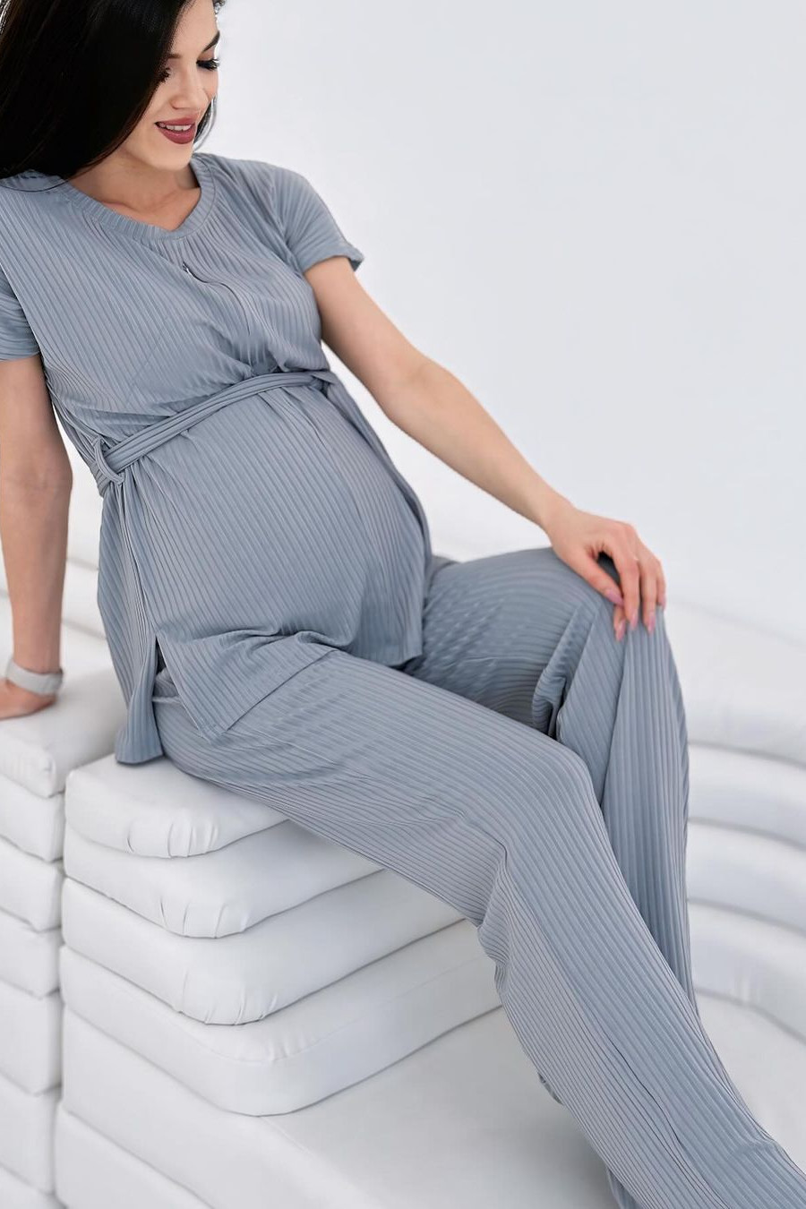 Костюм для беременных и кормящих ст921 лёгкий трикотаж в рубчик серый — изображение 5