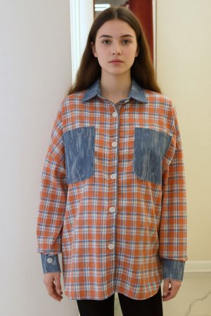 Рубашка-оверсайз для беременых 690# фланель-комбиджинс