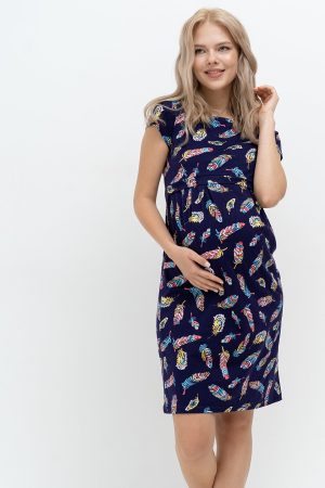 Платье для беременных и кормящих мм505 домашнее т.синий/перья