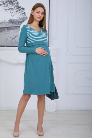 Платье для беременных и кормящих ст5045 трикотражное в рубчик т.бирюза