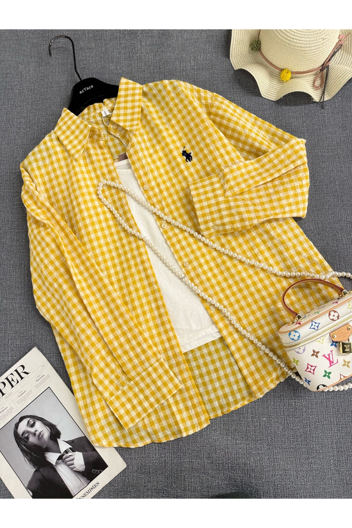 Рубашка с топом 005906 Лето клетка жёлтый