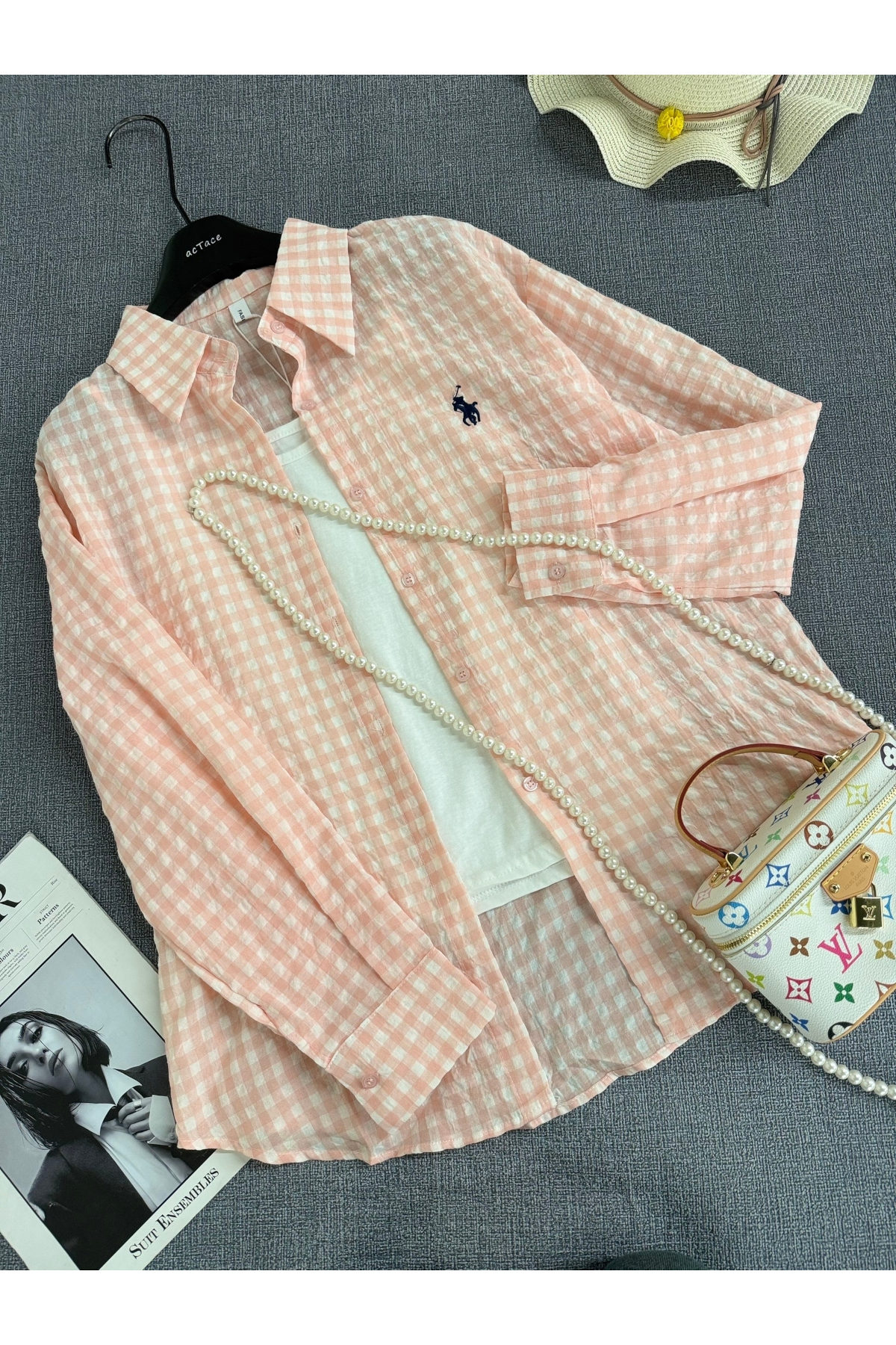 Рубашка с топом 005906 Лето клетка розовый