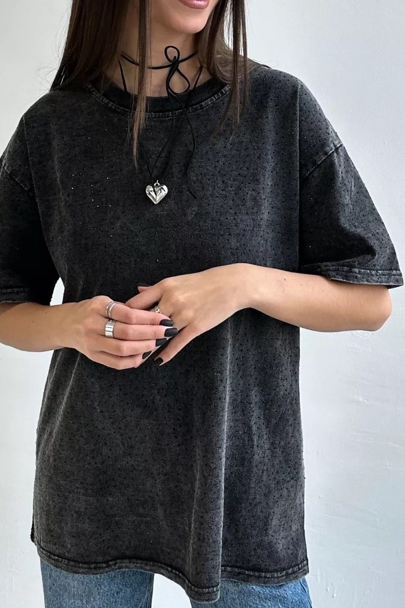 Футболка женская 5828# варёнка стразы графит