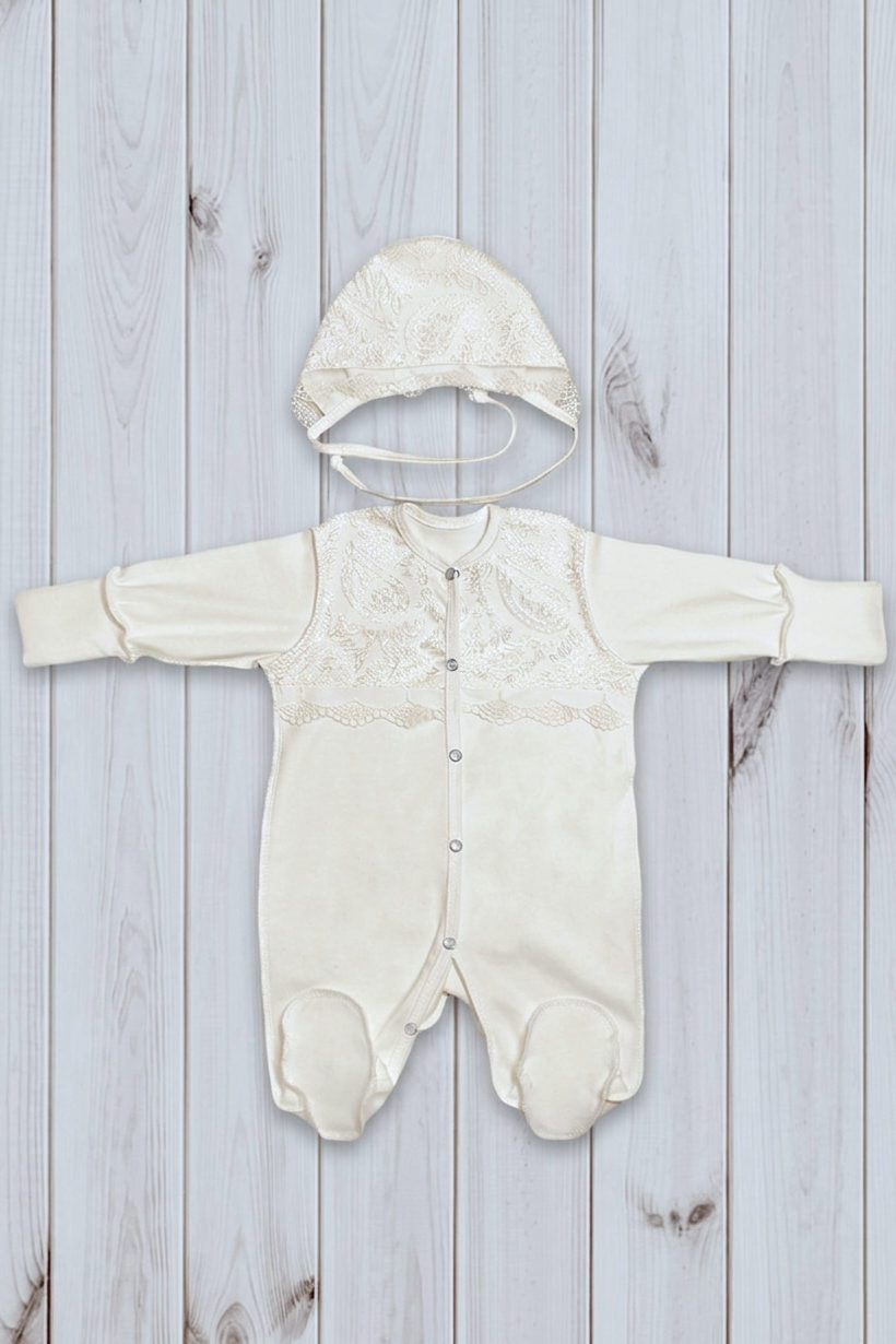 Комплект комбинезон и чепчик Балуша хлопок с кружевом кремовый